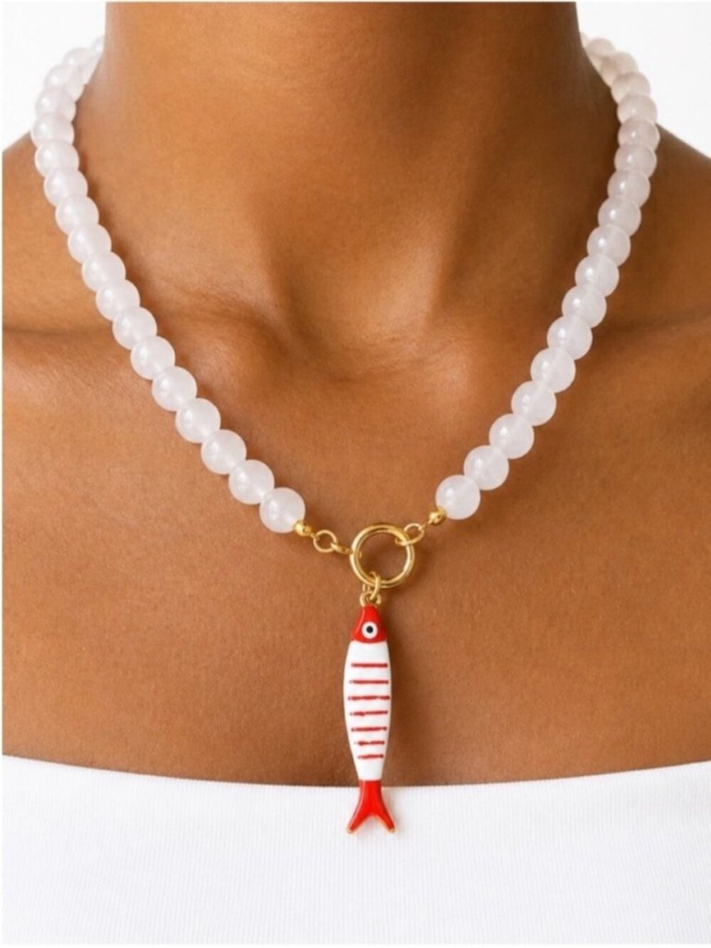 New! Coastal Red Fish Charm Blush Beaded Necklace (4011) NWOT